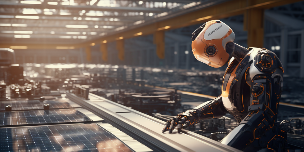 KI generiertes Bild, Roboter in Solarzellenfabrik