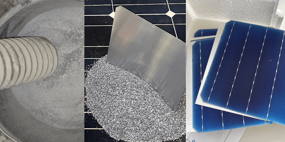 Nebenprodukte des Aufbereitungsprozesses bei der Reiling GmbH, aus denen die Solarzellenbruchstücke abgetrennt und gesammelt werden (links). Gereinigtes Silizium und Wafer aus zu 100% recyceltem Silizium. (Mitte). PERC-Solarzellen aus zu 100% recyceltem Silizium mit einem Wirkungsgrad von 19,7 Prozent. (rechts).