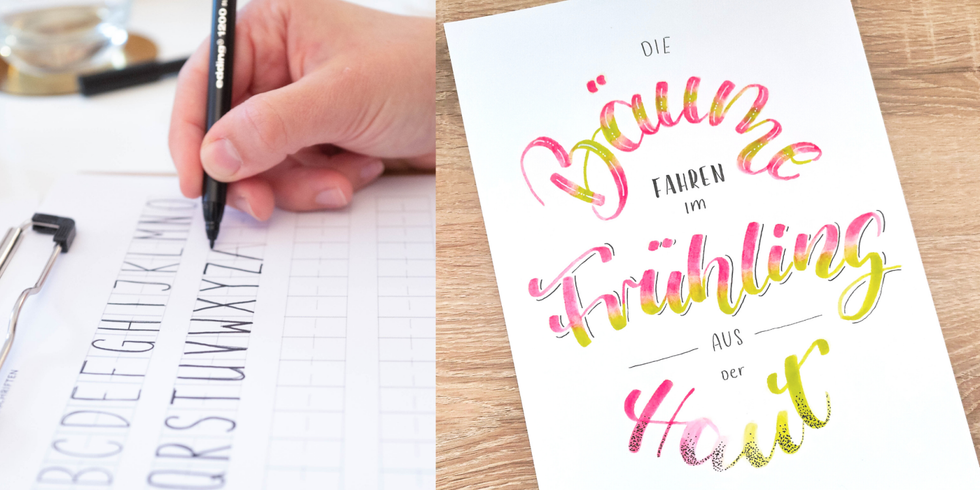 Hand übt Zeichnen von Buchstaben und Postkarte in Schönschrift mit dem Text: "Die Bäume fahren im Frühling aus der Haut"