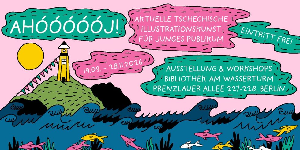 Illustration zur Ausstellung AHÓÓÓÓÓJ! mit Meer, Fischen und einem Leuchturm.