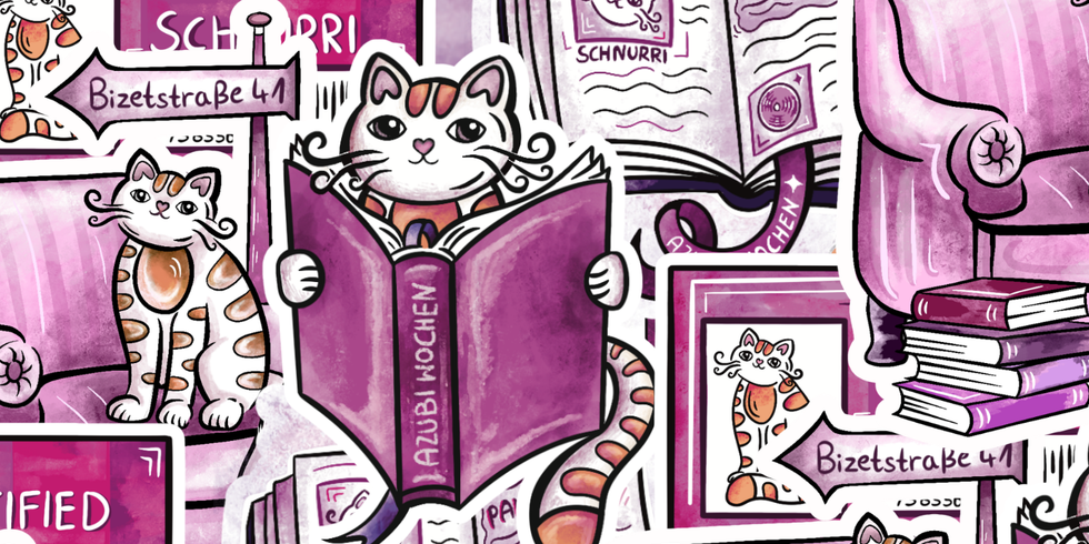 Illustration einer Katze mit einem Buch, umgeben von Büchern, Sesseln und Schildern in Pink- und Lilatönen.