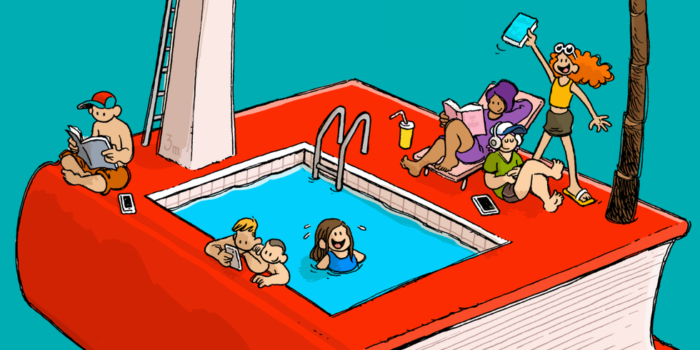Fantasie-Zeichnung: Ein riesiges Buch mit Schwimmbad darin. Junge Menschen lesen und spielen dort.