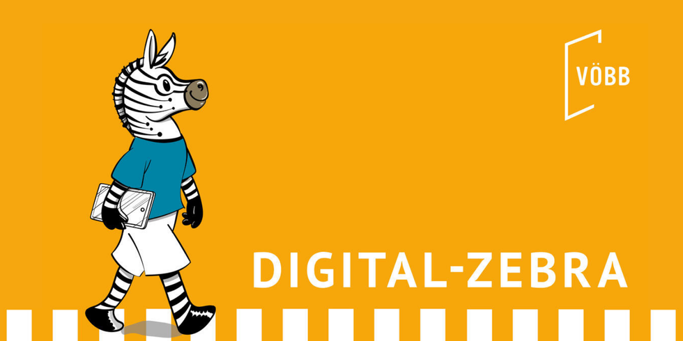 Comic-Zeichnung von einem Zebra mit einem Tablet. Er überquert die Straße auf die "Zebrastreifen". Text: Digital-Zebra VÖBB.