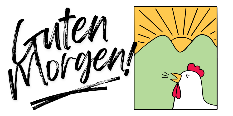 Grafik mit Schriftzug Guten Morgen und einem krähendem Hahn mit aufgehender Sonne im Hintergrund