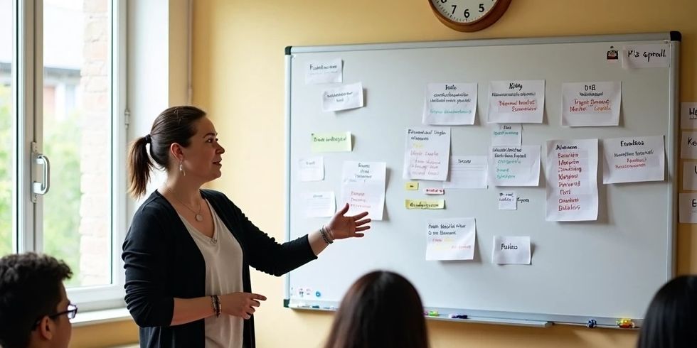 Geflüchtete im Deutschkurs, Klassenraum mit Kursleiterin