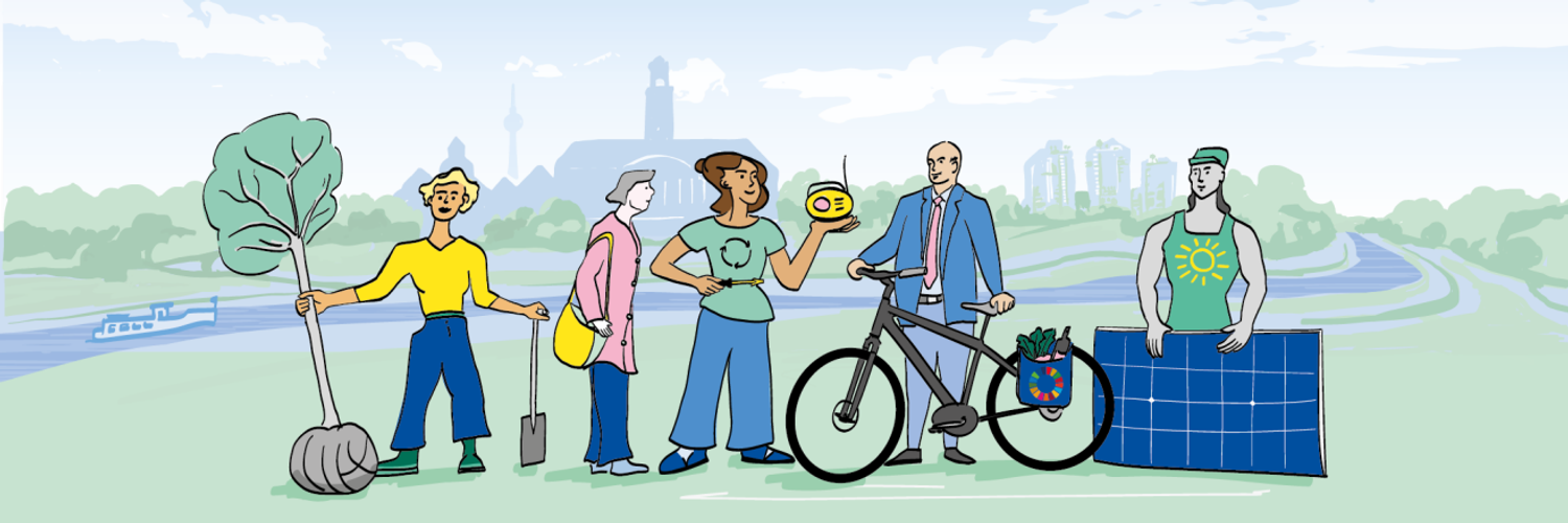 5 Personen die klimaschonendes Verhalten in der breiten Bevölkerung symbolisieren. Die Themen Mobilität, Energie, Konsum und Klimafolgenanpassung werden angesprochen.