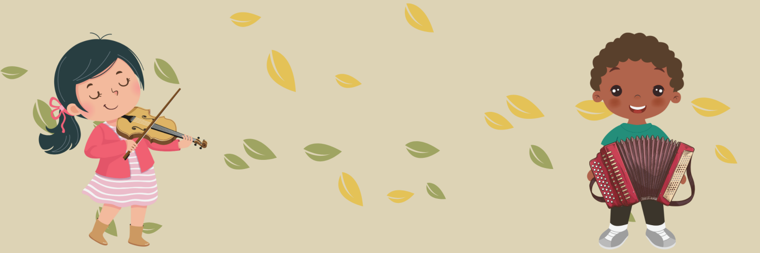 Grafik von zwei musizierenden Kindern vor Herbstblättern