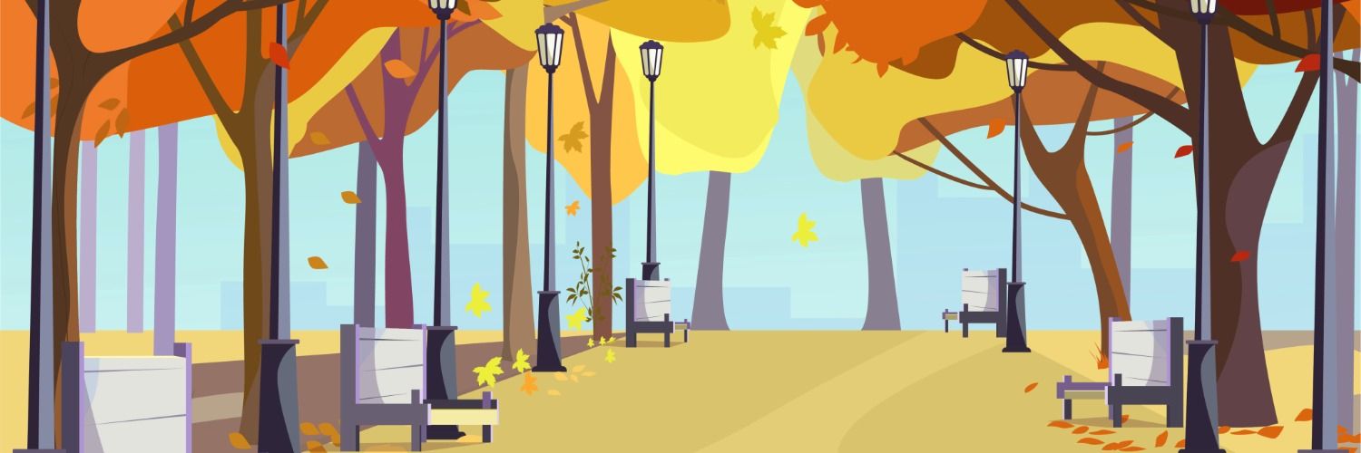 Illustration eines herbstlichen Parkwegs mit bunten orange-gelben Bäumen, Laternen und Bänken am Wegesrand, fallenden Blättern und blauem Himmel im Hintergrund.