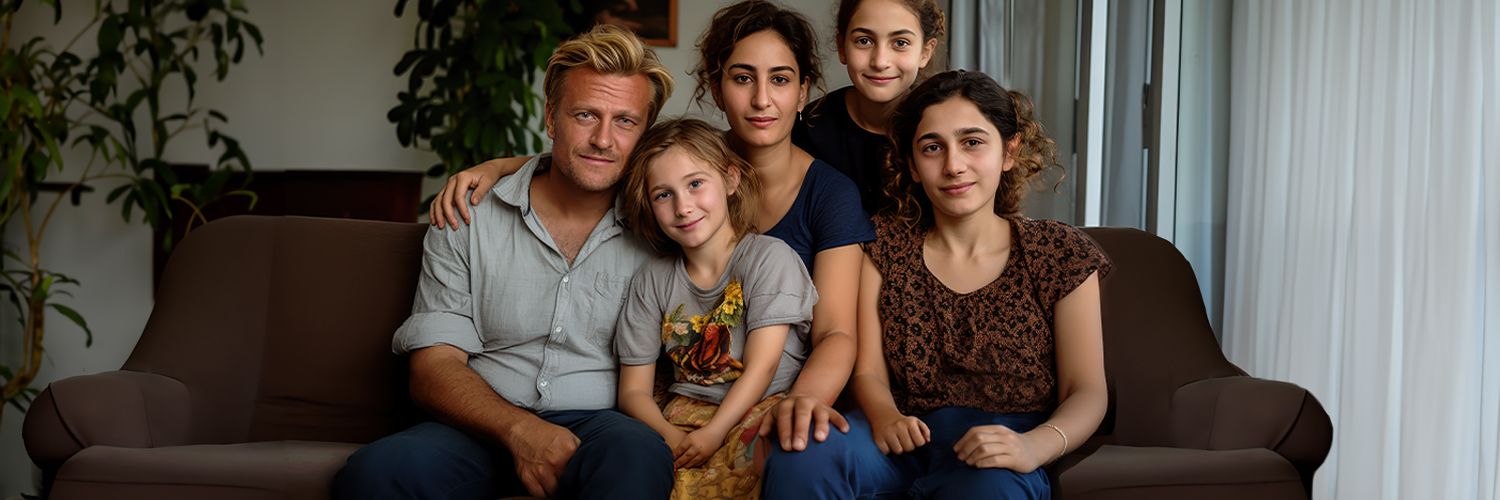 Auf dem Bild ist eine fünfköpfige Familie im Wohnzimmer auf einem Sofa zu sehen. Im Hintergrund stehen grüne Pflanzen.