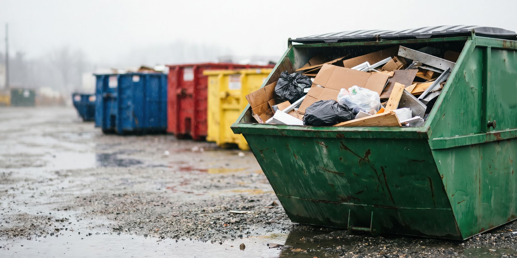 Ein großer grüner Industrie-Müllcontainer mit gemischte Bau- und Abbruchabfällen steht an einem nebligen Tag in einer Reihe bunter Abfallbehälter auf einem nassen Schotterplatz