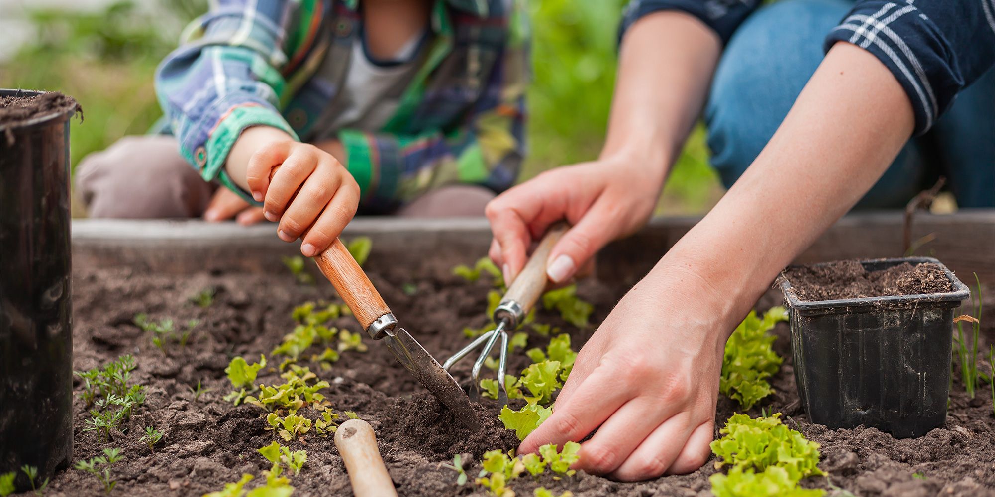 Kind und Mutter bei der Gartenarbeit im Gemüsegarten im Hinterhof