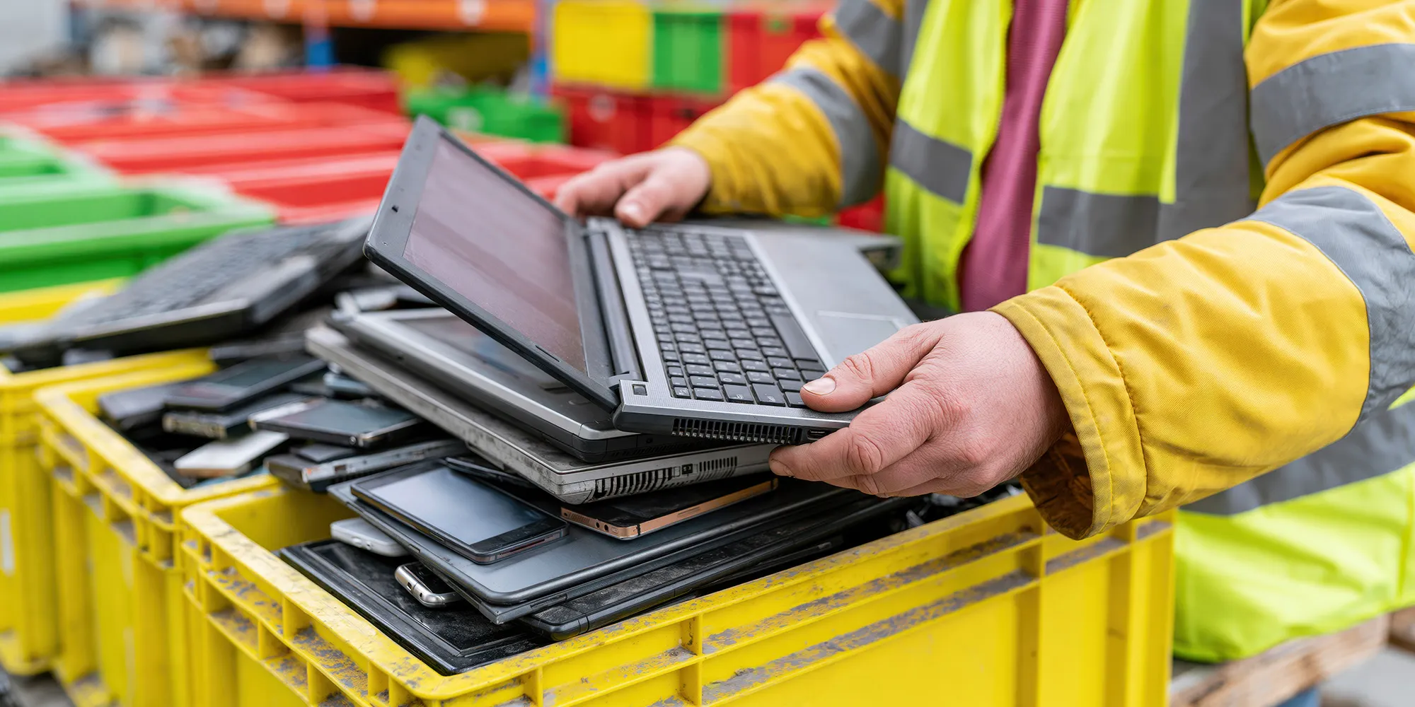 Ein Arbeiter in einer gelben Sicherheitsweste sortiert in einem Lagerhaus alte Laptops und Handys für das Recycling