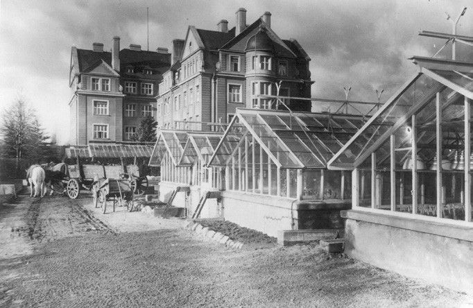 Kaiser-Wilhelm-Institut für Biologie mit Gewächshäusern, 1920er Jahre (Bild: Archiv der Max-Planck-Gesellschaft)