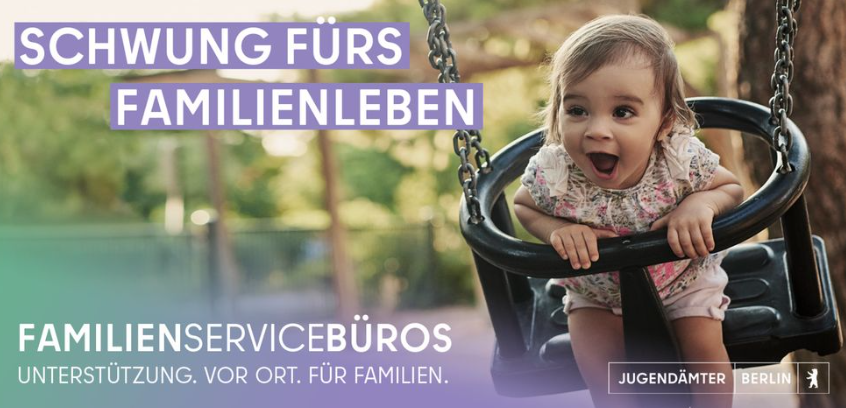 Kind auf Schaukel mit Titel „Schwung für das Familienleben“.