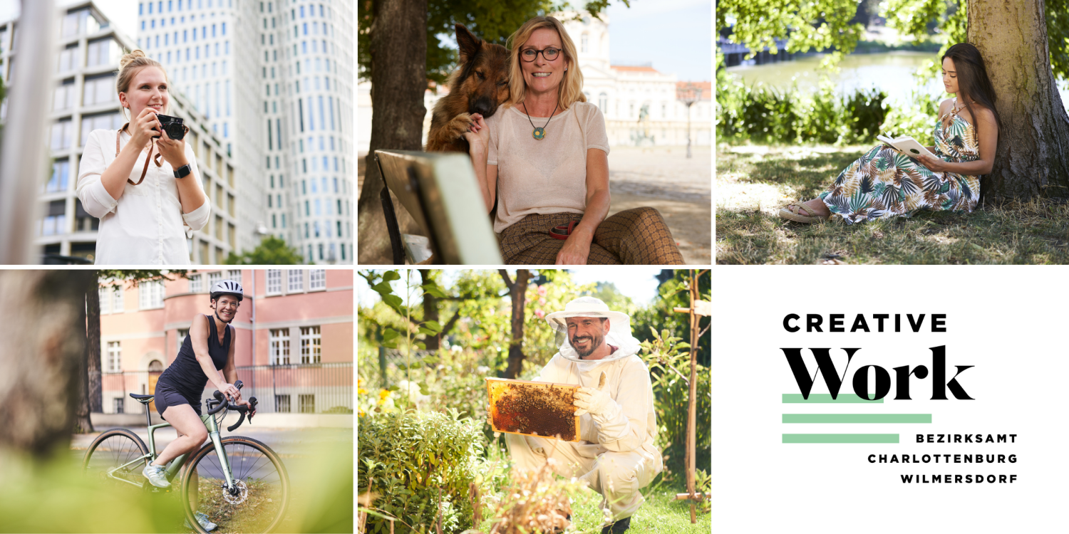 Creative Work Collage mit fünf Bildern - Frau mit Fotoapparat, Frau mit Hund, Imker, Frau mit Fahrrad und lesende Frau im Park