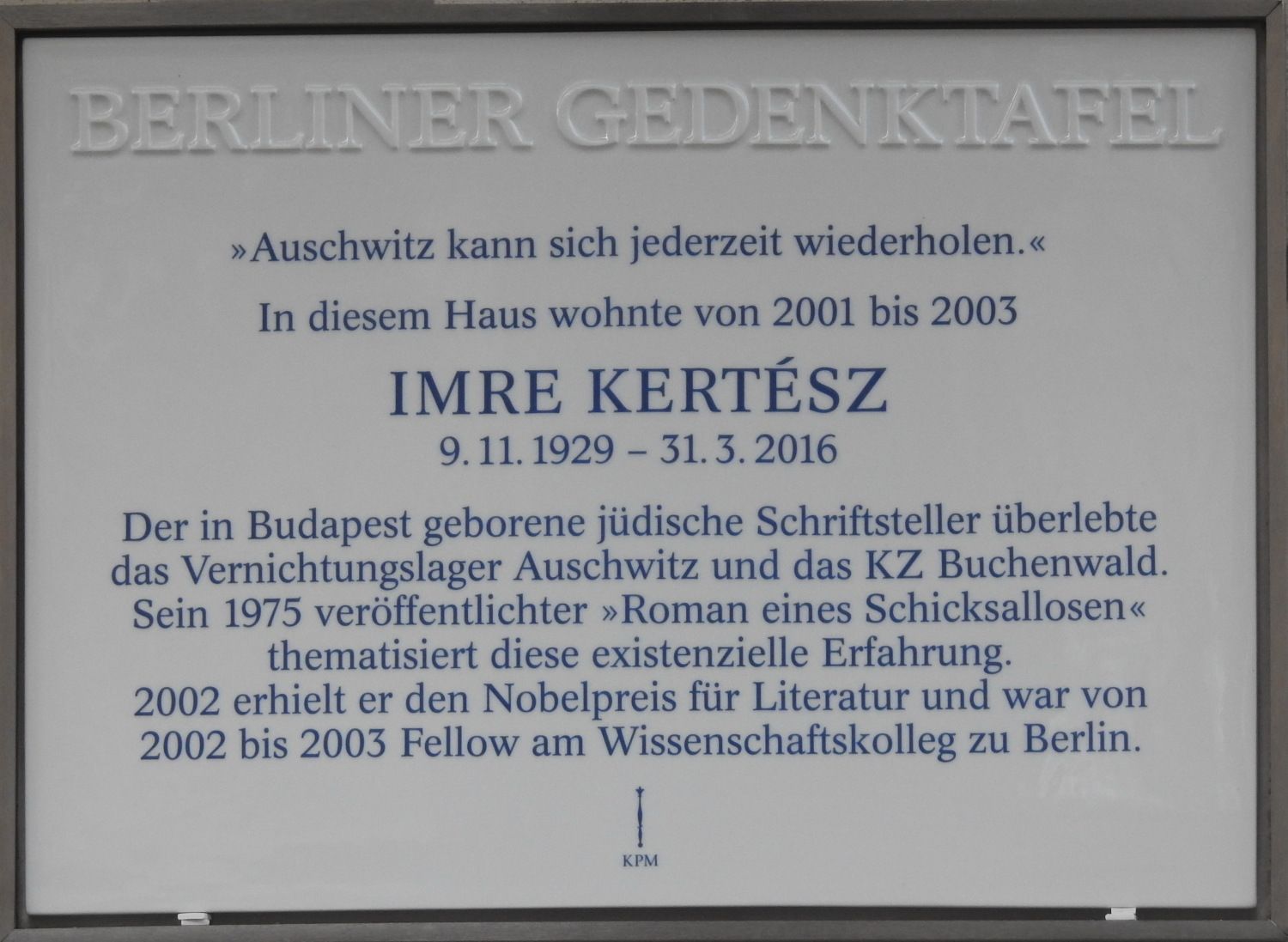 Gedenktafel für Imre Kertész (Bild: Stolpersteine-Initiative CW, Hupka)