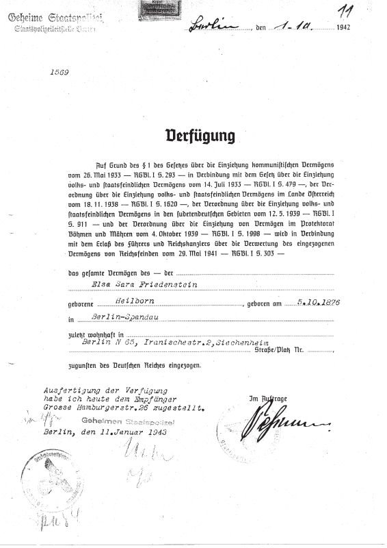 Verfügung der Gestapo bezüglich Familie Friedenstein