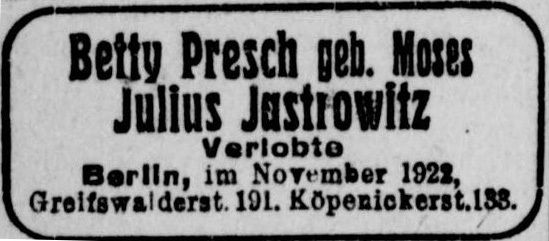 Jastrowitz Anzeige Verlobung