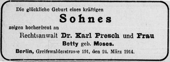 Jastrowitz Presch Anzeige Geburt des Sohnes
