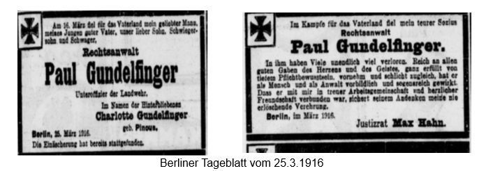 Todesanzeigen Paul Gundelfinger (Bild: Berliner Tageblatt 25.3.1916)