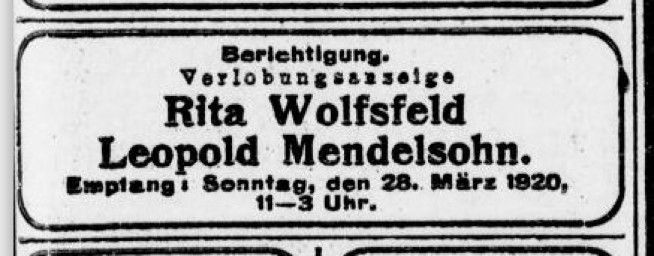 Verlobungsanzeige Rita Wolfsfeld und Leopold Mendelsohn