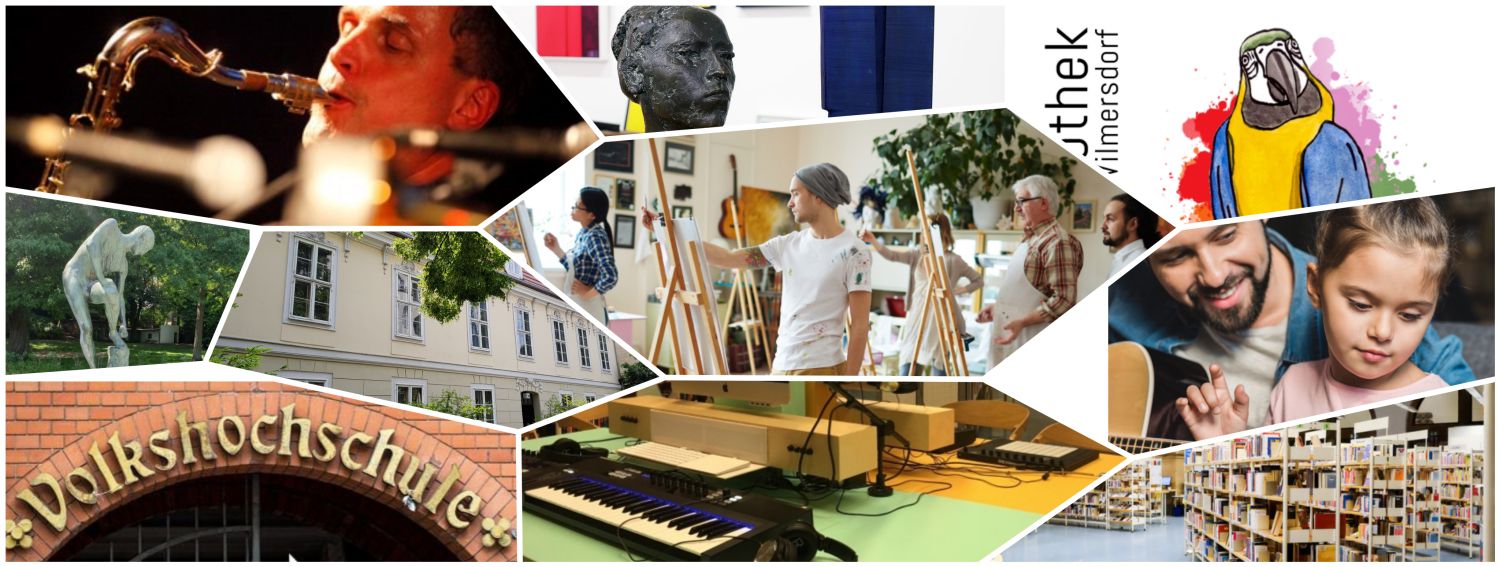 Collage zum Amt Weiterbildung und Kultur mit bezirklichen Kultureinrichtungen und Menschen