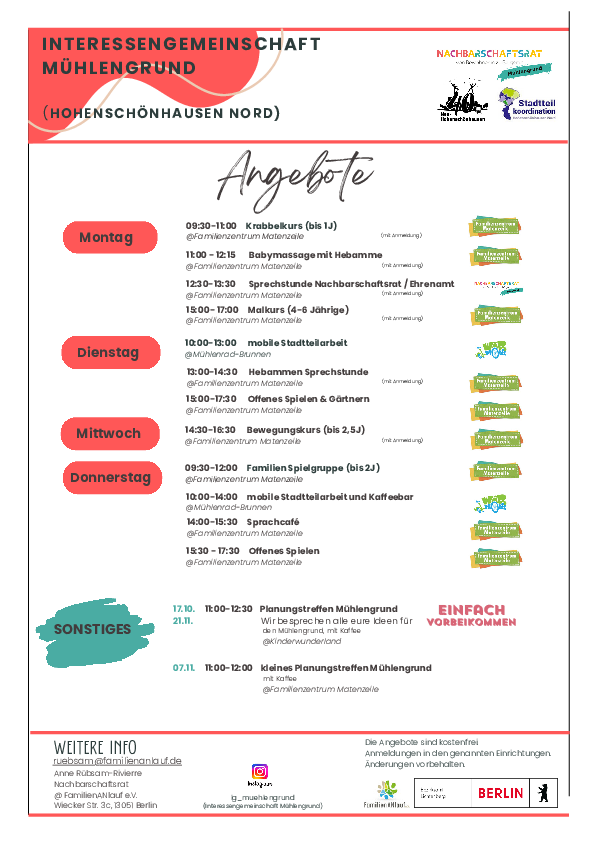 Angebote Wochenplan Nachbarschaftsrat