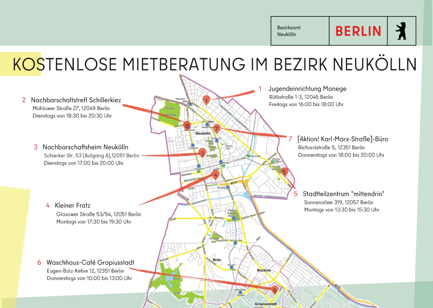 Übersicht der bezirklichen Mietberatungsstellen in Neukölln