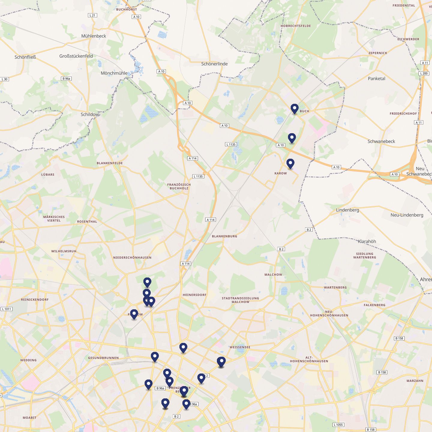 Stadtplan, 2020, Standorte des Amtes ohne BIZ-Buch