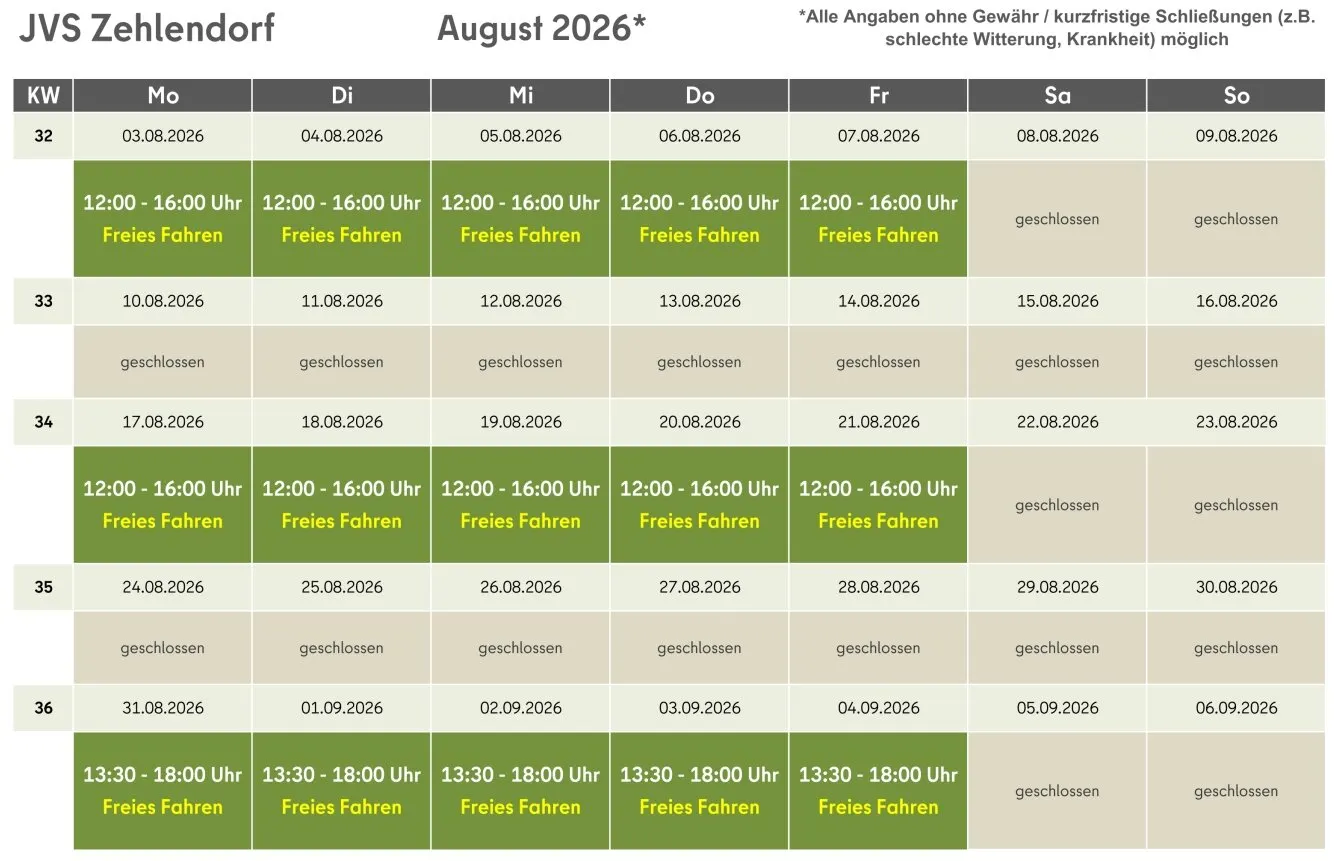 Öffnungszeiten Jugendverkehrsschule Zehlendorf August 2026