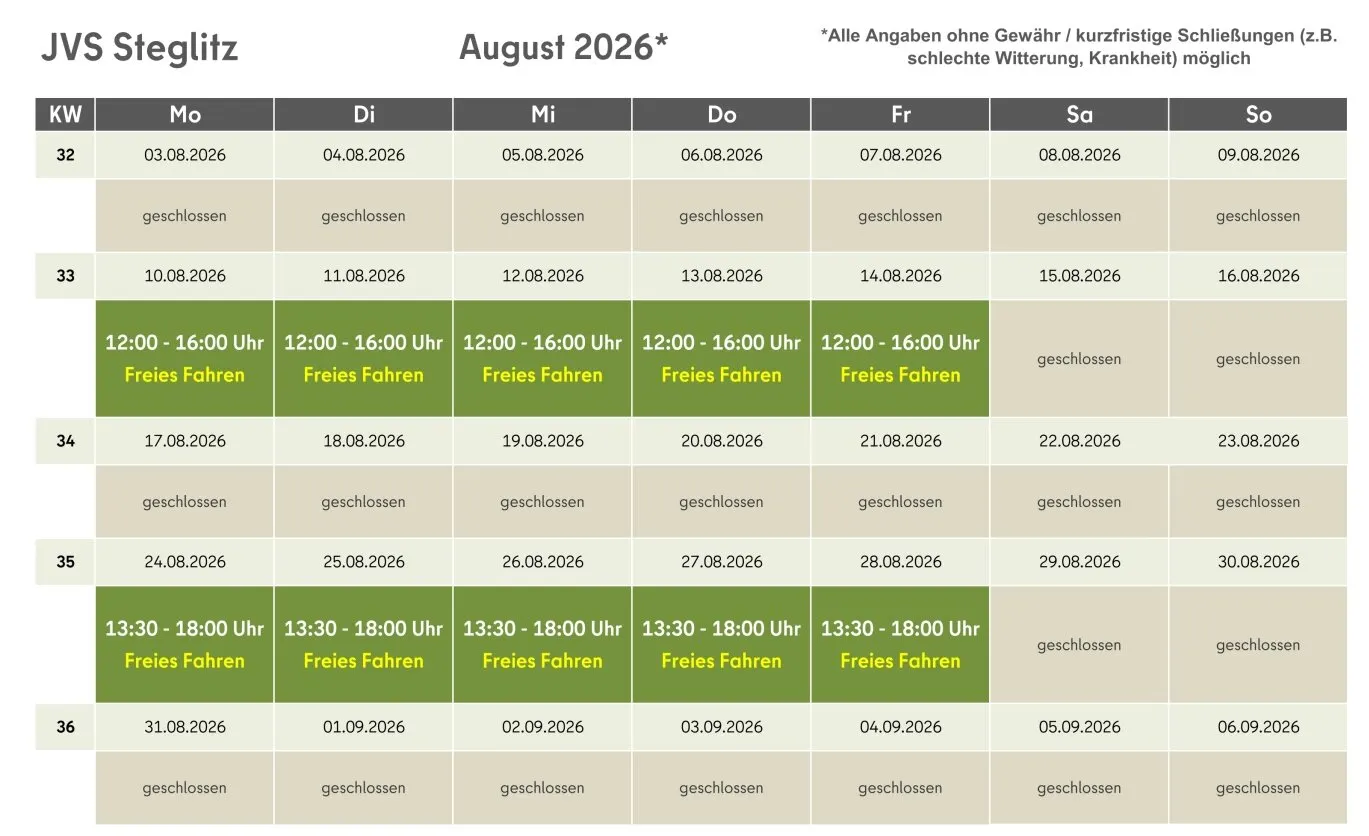 Öffnungszeiten Jugendverkehrsschule Steglitz August 2026
