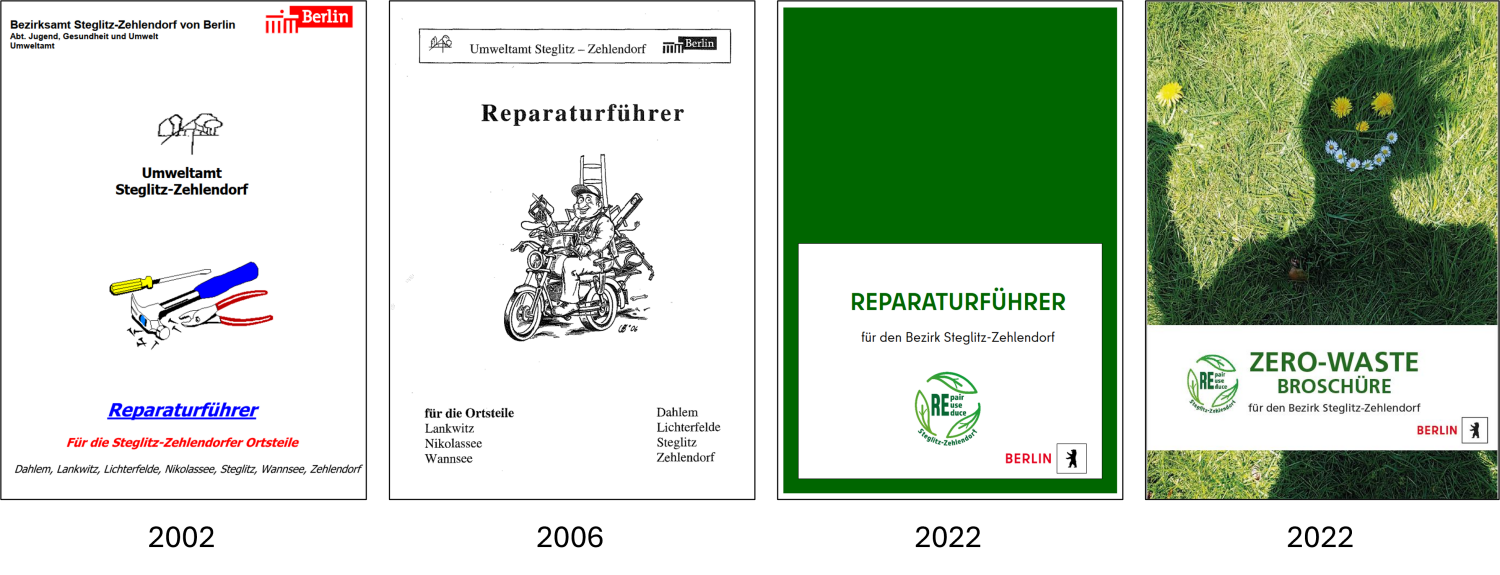 Reparaturführer aus 2002, 2006 und 2022 sowie Zero-Waste Broschüre aus 2022