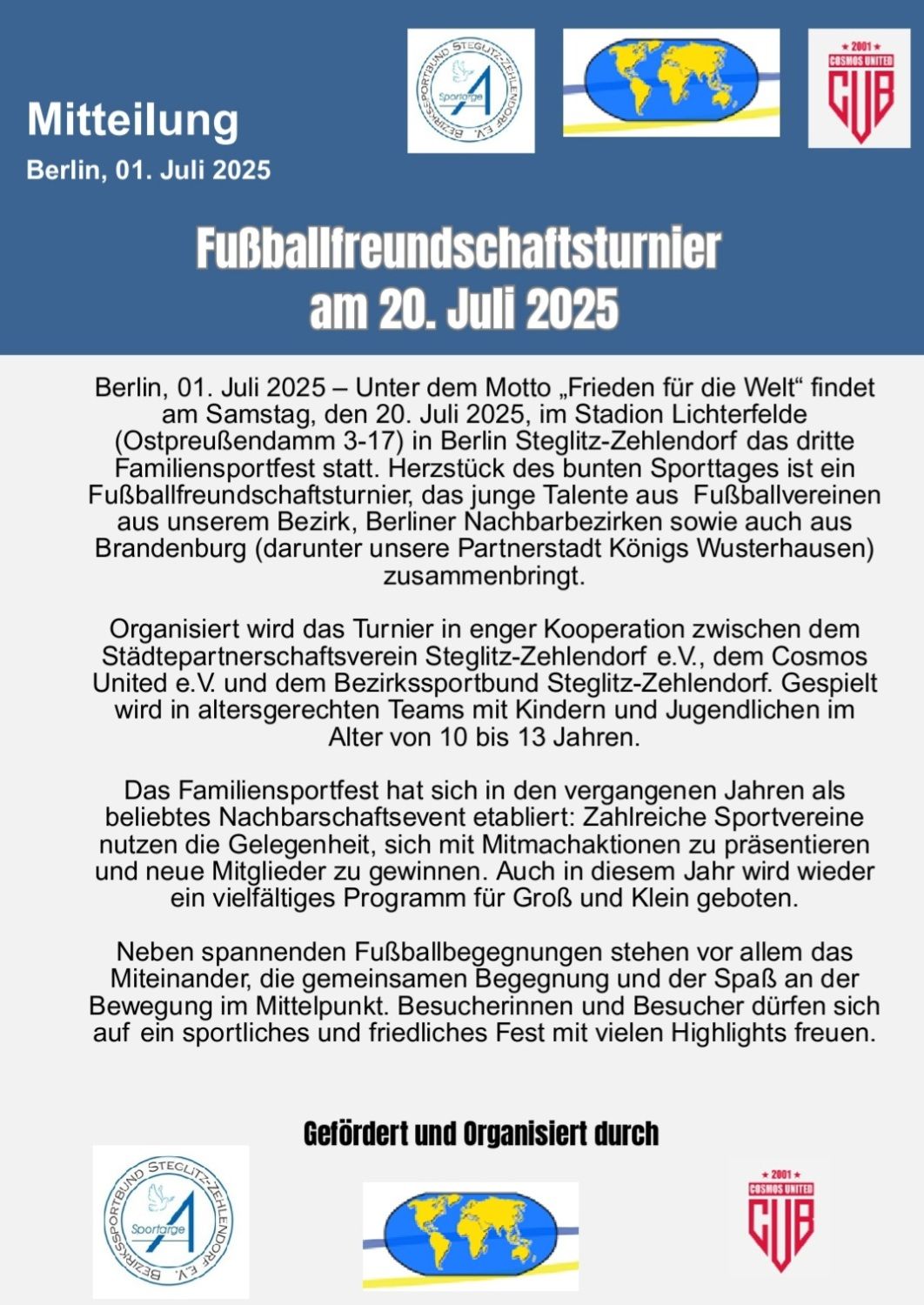 Fußballfreundschaftsturnier am 20. Juli 2025 im Stadion Lichterfelde
