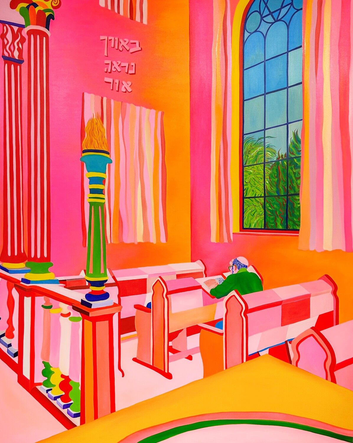 Ganz in Pink - Synagogendarstellung (Navot Miller, Man in Terborg synagogue, 2024, 200 x 160 cm, Öl auf Leinwand)