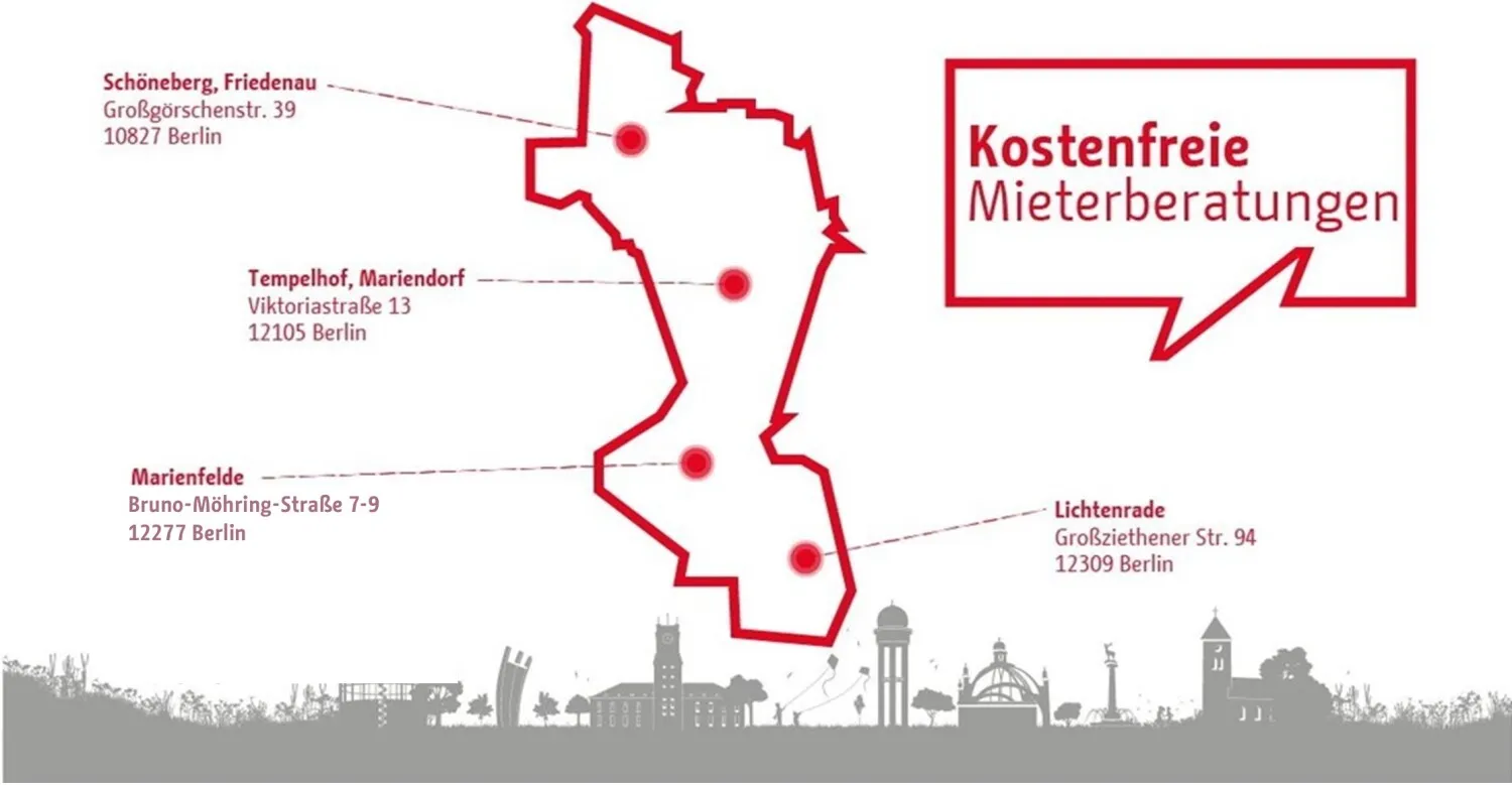 Bezirkskarte mit den eingezeichneten Standorten der Mietrechtsberatungen