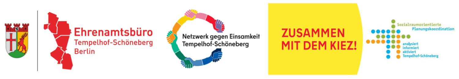 Logos vom Ehrenamtsbüro, vom Netzwerk gegen Einsamkeit Tempelhof-Schöneberg und der OE SPK