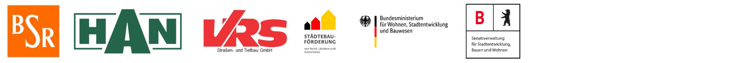 Logos der Sponsoren und Förderer: BSR, Han Netzbau, VRS Straßen- und Tiefbau, Städtebauförderung
