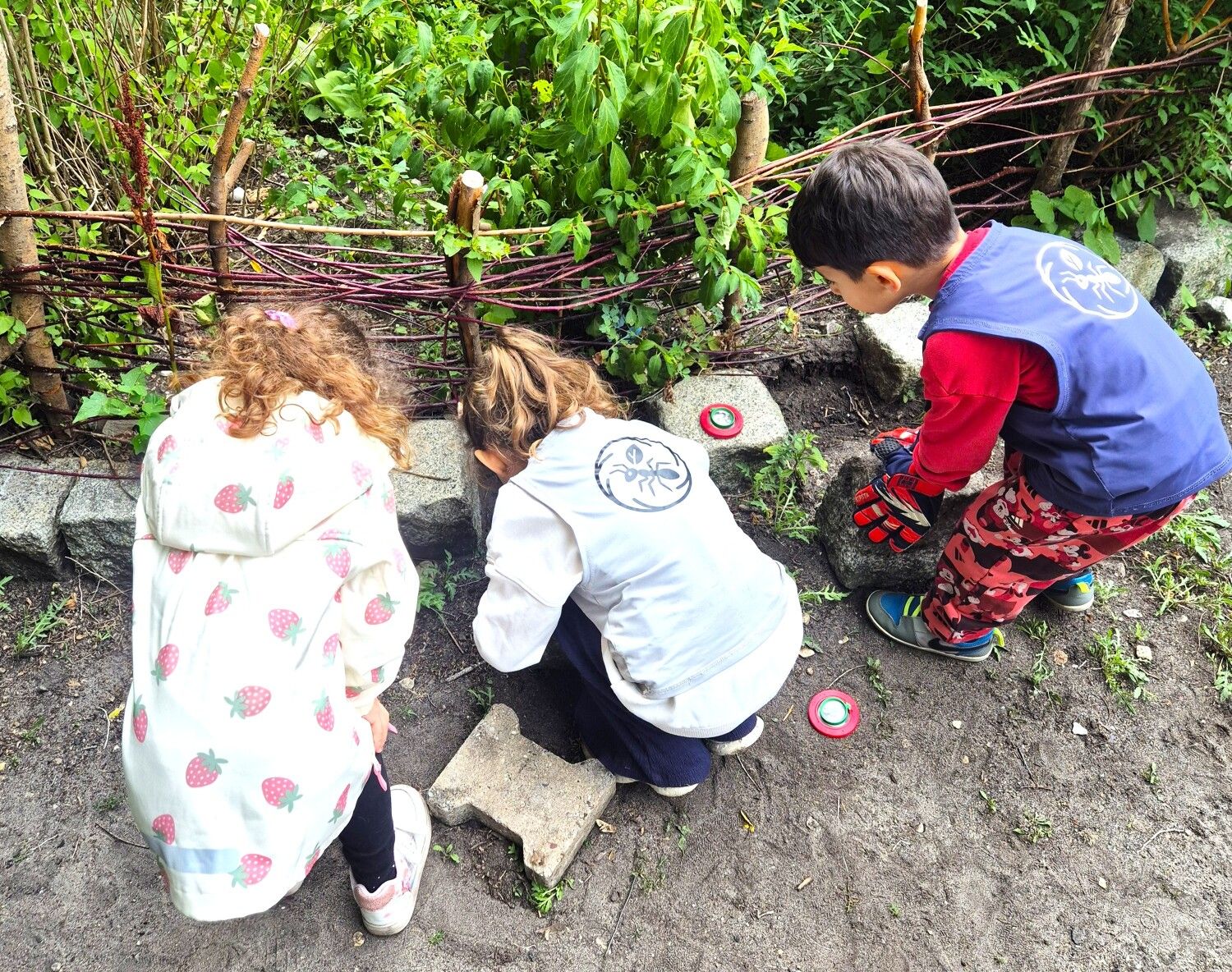 Drei Kinder entdecken den Boden in der Natur