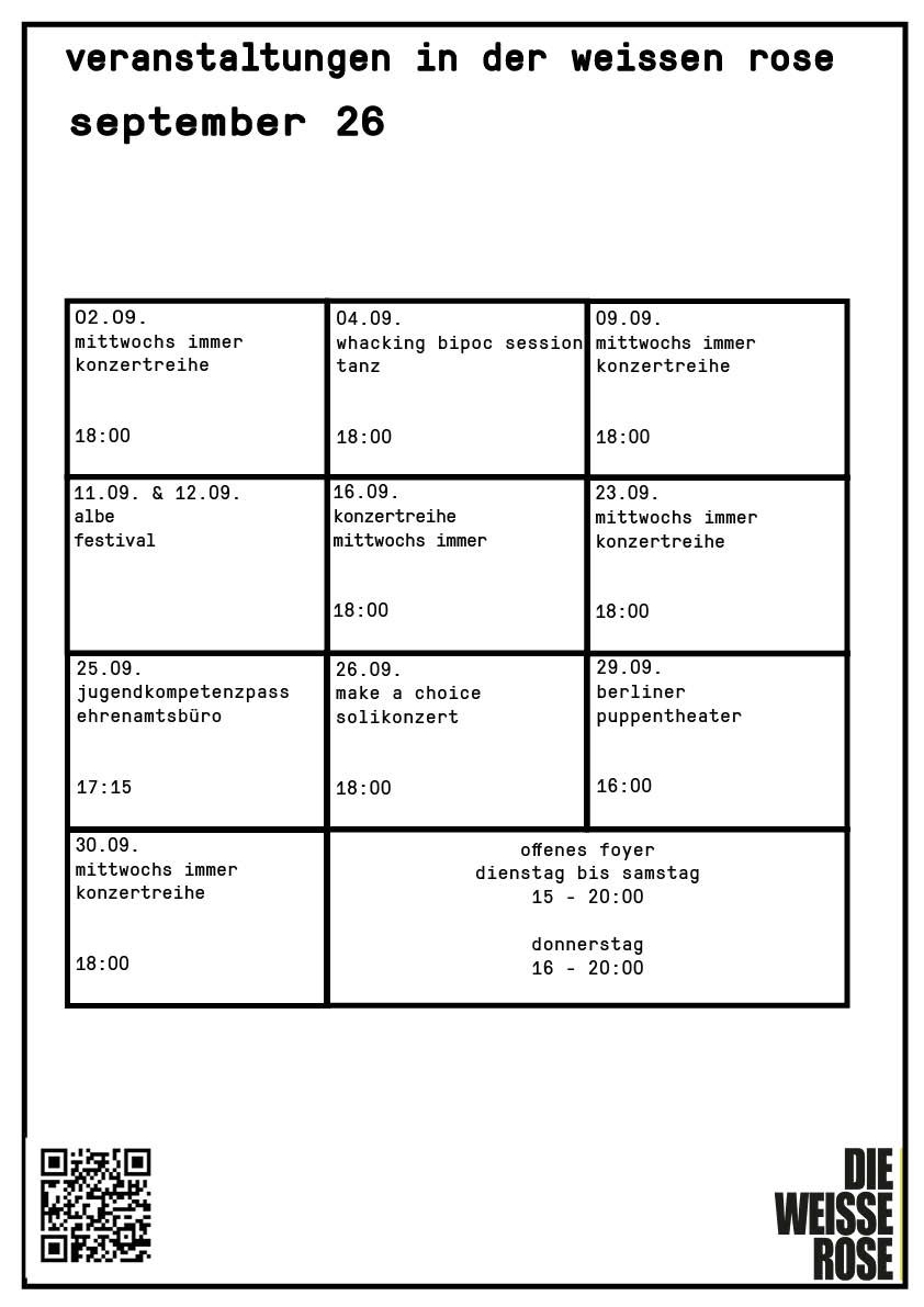 abgebildet ist das monatsprogramm für den september 2026 in der weissen rose - alle programmpunkte stehen auch einzeln in Textform unter dem Reiter Programm