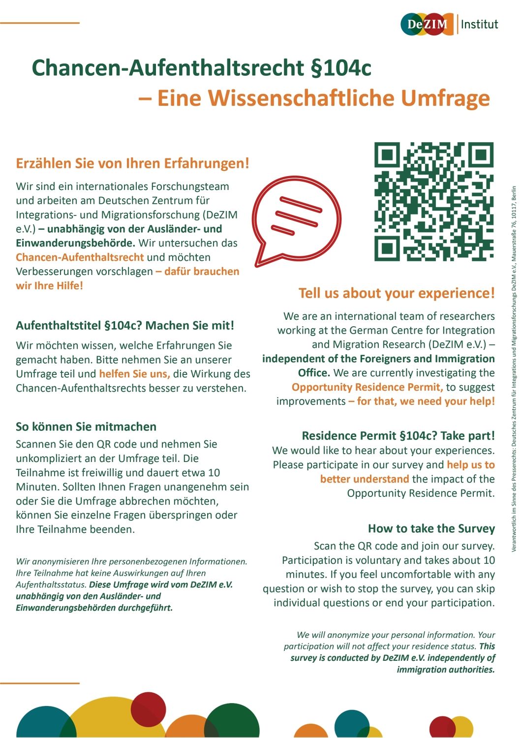 Poster des DeZIM - Umfrage zum Chancen-Aufenthaltsrecht § 104c