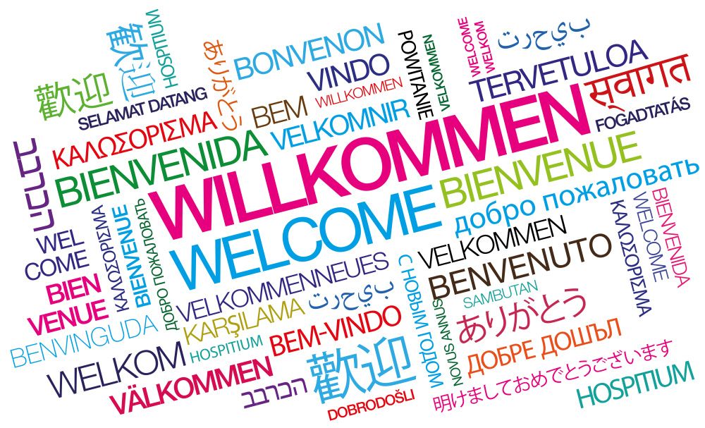 Illustration zum Wort "Willkommen“ in vielen verschiedenen Sprachen und Farben