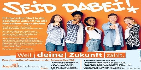 Banner der Kampagne Seid dabei der JBA für Neuköllner Jugendliche