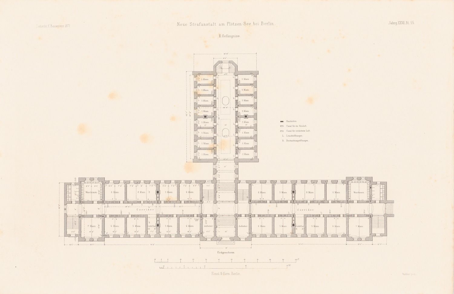 Neue Strafanstalt Plötzensee, Berlin. (Aus: Atlas zur Zeitschrift für Bauwesen, hrsg. v. F. Endell, Jg. 27, 1877.) (1877-1877)