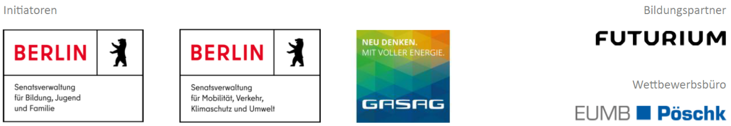 Logoleiste für Presse: Initiatoren SenBJF, SenMVKU, GASAG; Bildungspartner: FUTURIUM; Wettbewerbspartner: EUMB Pöschk