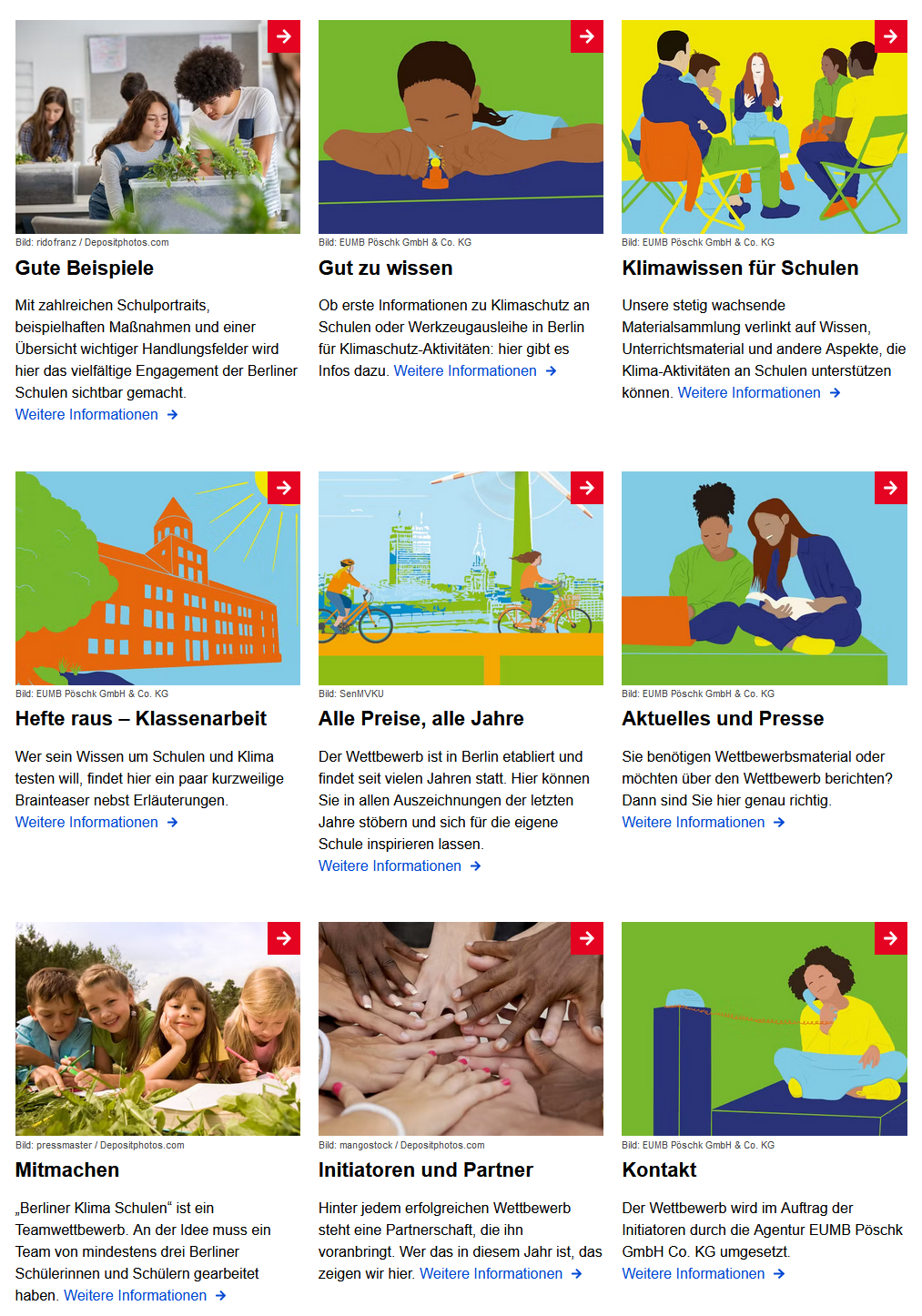 Ansicht der Homepage des Wettbewerbs Berliner Klima Schulen