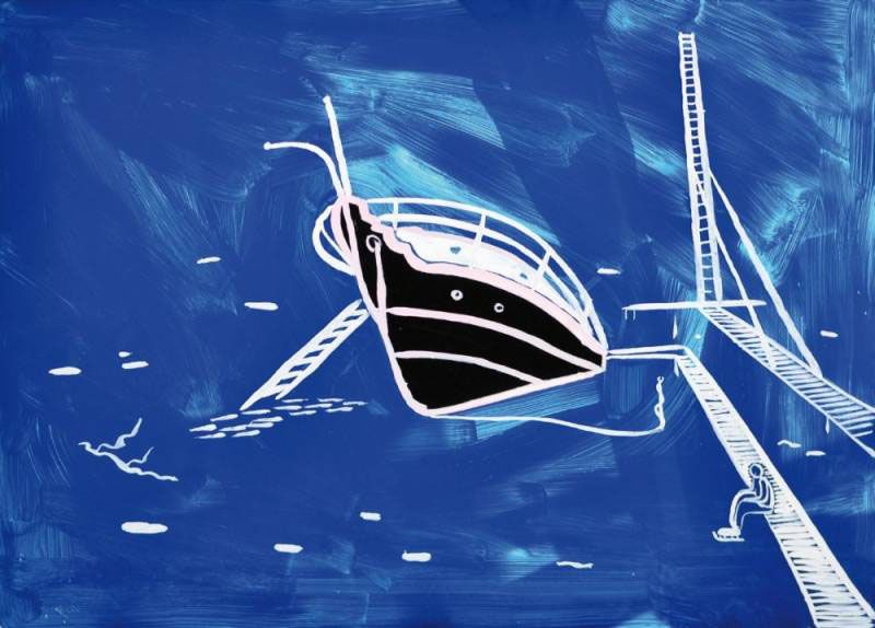 Michael Kutzner: Warten, 2010, Öl, Vor- und Hinterglas, 49 x 64 cm