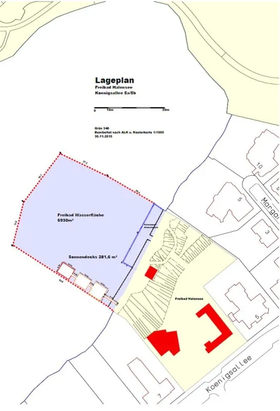 Abb. 1: Lageplan Strandbad Halensee, Hinweis: Das Baden ist nur im Strandbadbereich erlaubt.