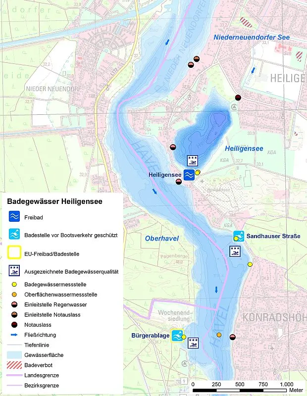 Abb. 1: Übersicht des Badegewässers Heiligensee mit Badestelle, Probenahmestelle und Einleitstellen.