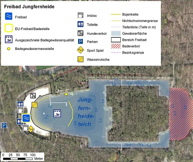 Abb. 2: Infrastruktur des Strandbades Jungfernheide (Hinweis: Das Baden ist nur im Strandbad(bis zur gelben Linie) erlaubt. Die Kennzeichnung des Badeverbotsbereiches ist unvollständig und wird demnächst überarbeitet.)