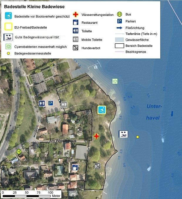 Abb. 2: Infrastruktur der Badestelle Kleine Badewiese - Quelle: FIS-Broker WMS-Service SenStadt Berlin: Digitale farbige Orthophotos 2009 (DOP 10-C)